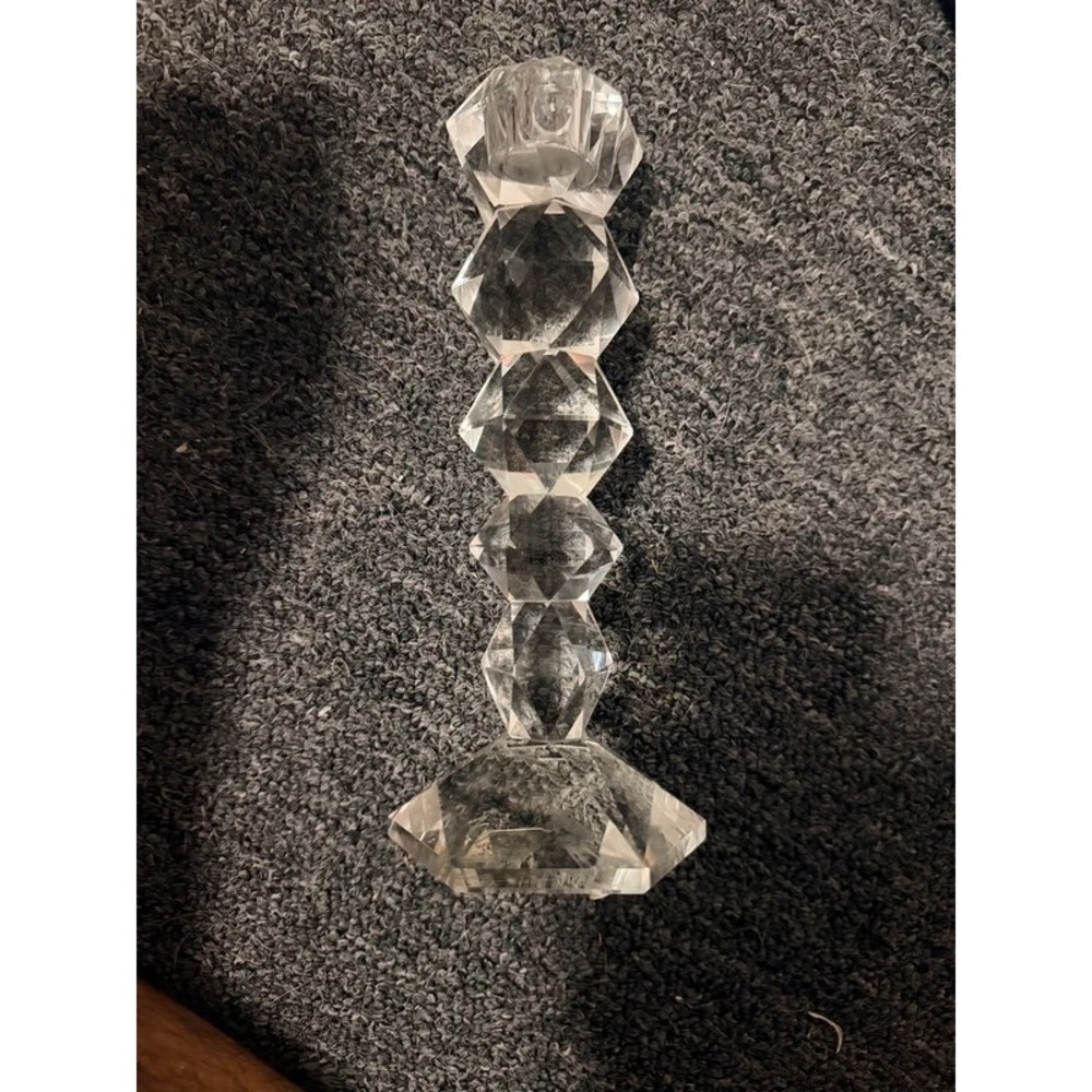 Vintage Faceted Crystal Glass Taper Candlestick Holder Stacked Geometric Clear